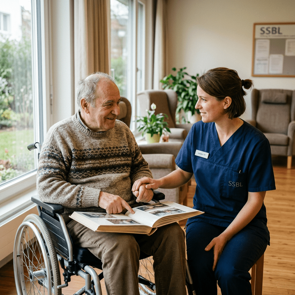 Elderly man in wheelchair and caregiver looking at photo album