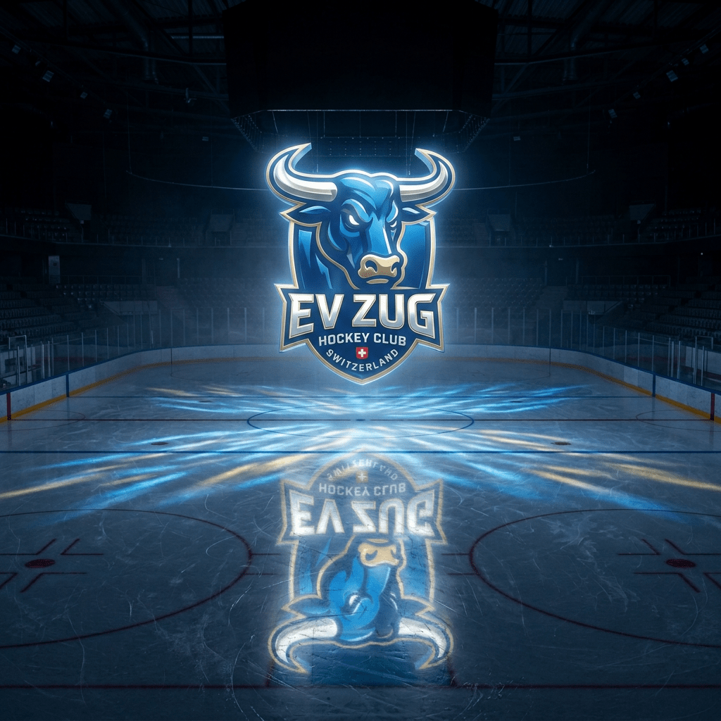 EVZ hockey team logo with a blue bull illuminated above an empty ice rink